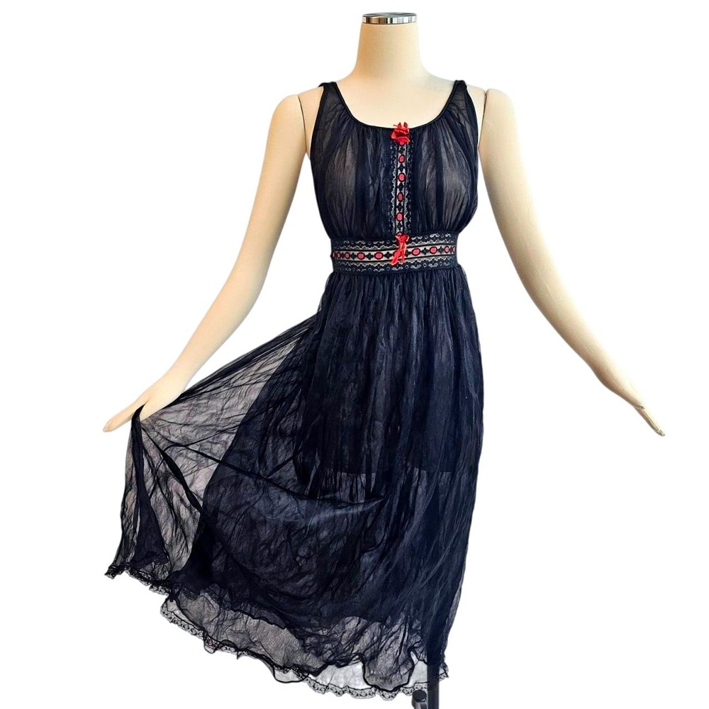 Vintage Avian Sheer Black Nightgown Red Lace Ribbon Mesh Lingerie Dress 1970s